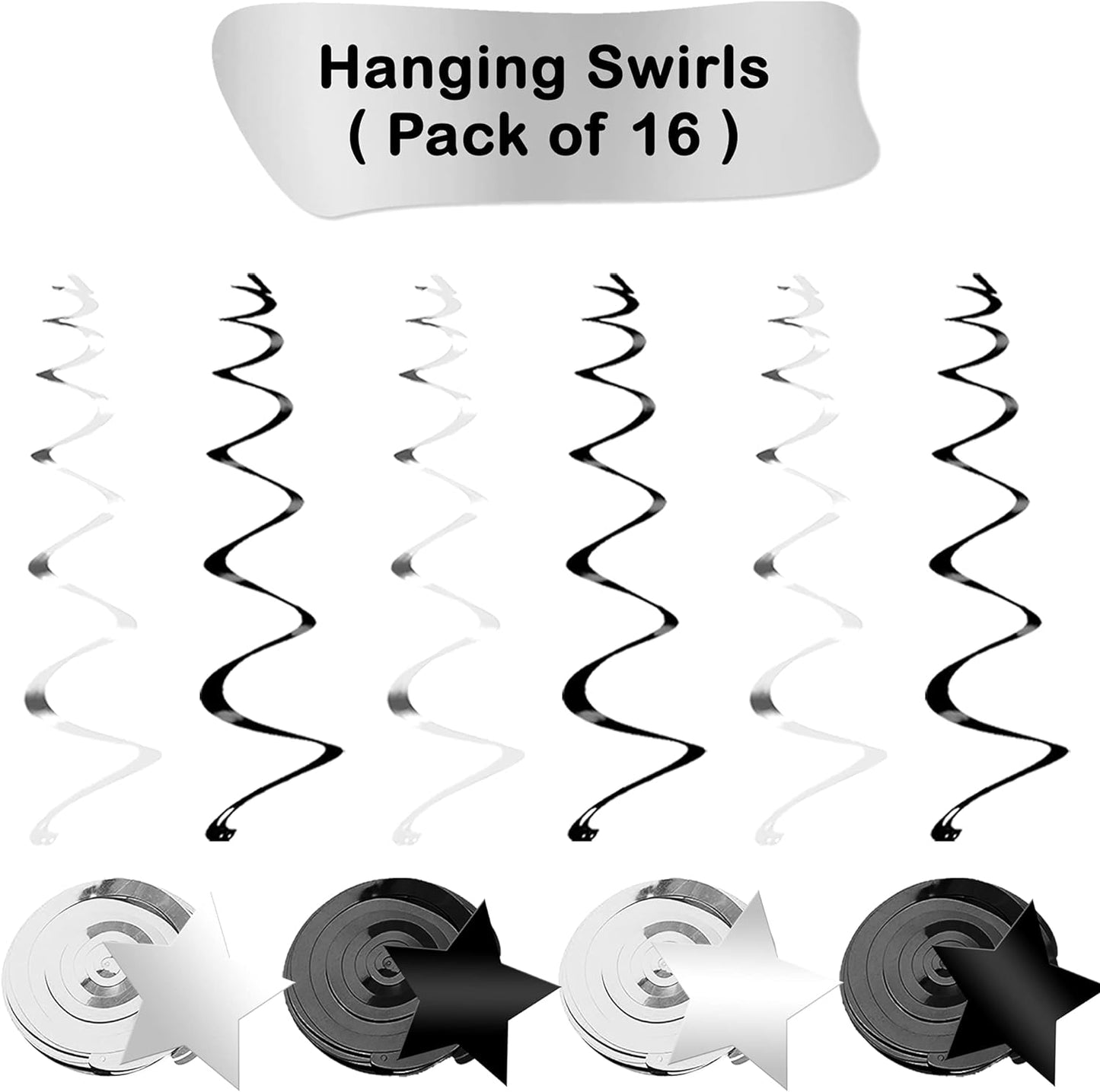 KatchOn, Black and Silver Star Hanging Swirls - Pack of 32, No DIY | Black and Silver Party Decorations | 2024 Graduation Party Decorations | Black and White Party Decorations for Birthday Party