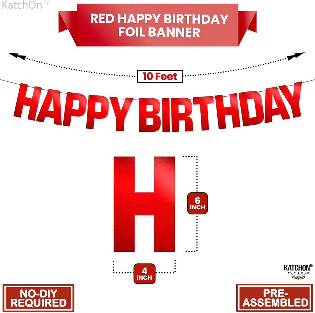 KatchOn, Shiny Red Happy Birthday Banner - 10 Feet, Pre-Strung, No DIY | Red Birthday Banner | Red Birthday Decorations | Happy Birthday Foil Banner, Red Happy Birthday Sign for Womens Birthday Party
