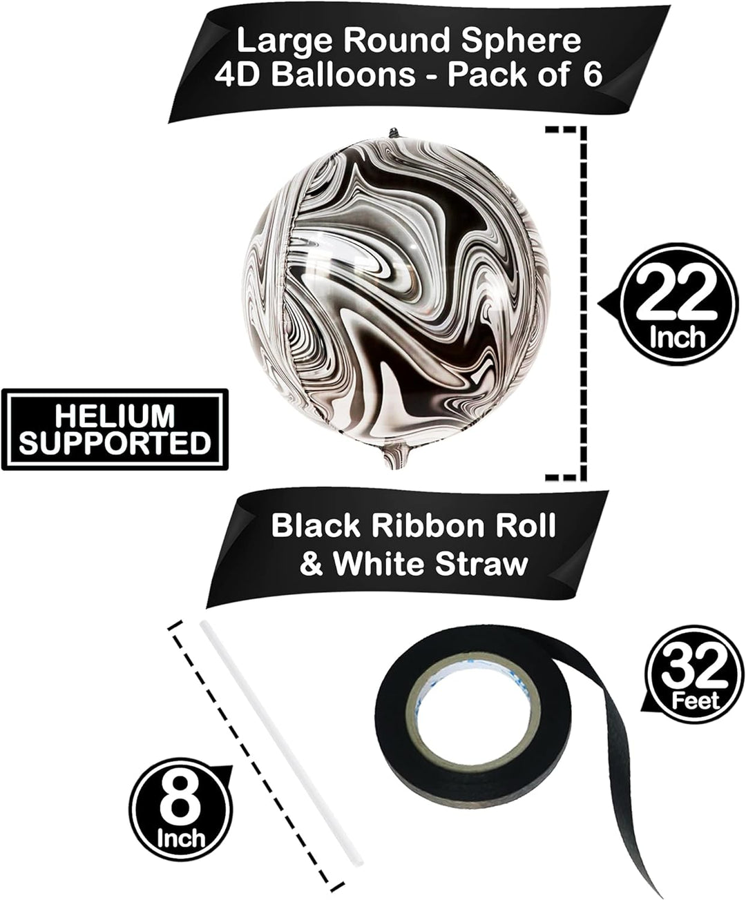 KatchOn, Black and White Marble Balloons - Big, 22 Inch, Pack of 6 | 360 Degree 4D Marble Balloons Black and White | Black Marble Balloons, Black and White Party Decorations | Black and White Balloons