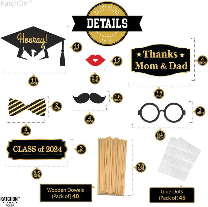 KatchOn, Black and Gold Graduation Photo Booth Props - Pack of 40 | Graduation Props 2024 for Photoshoot | Graduation Photo Props, Graduation Decorations Class of 2024 | Grad Photo Booth Props 2024