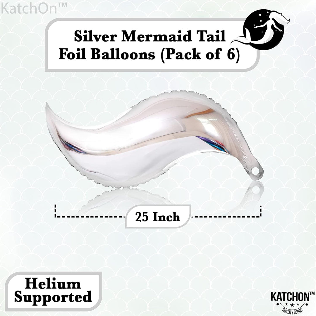 KatchOn, Silver Mermaid Tail Balloon - 25 Inch, Pack of 6 | Silver Mermaid Balloons for Mermaid Balloon Garland | Silver Foil Curve Balloon | Mermaid Tail Foil Balloon for Mermaid Birthday Decorations