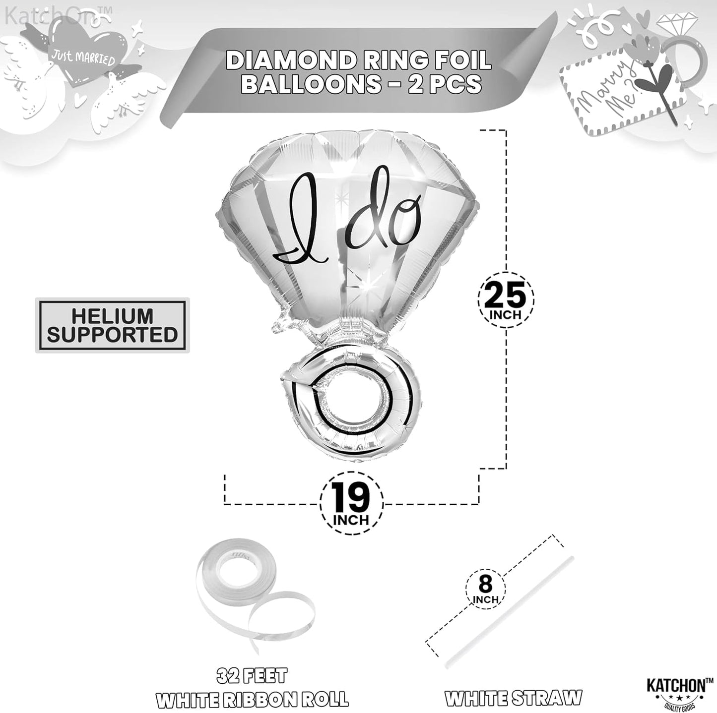 KatchOn Silver I Do Diamond Ring Balloon - 25 Inch, Pack of 2 | Engagement Ring Balloon for Engagement Party | Silver Ring Balloon for Bridal shower | I Do Ring Balloon for engagement party decoration