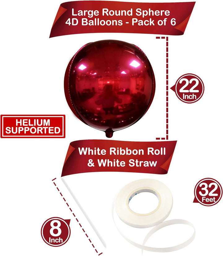 KatchOn, Big Red Metallic Balloons - 22 Inch, Pack of 6 | 360 Degree 4D Burgundy Foil Balloons, Vampire Balloons | Chrome Red Balloons, Red Marble Balloons for Red Party Decorations | Maroon Balloons