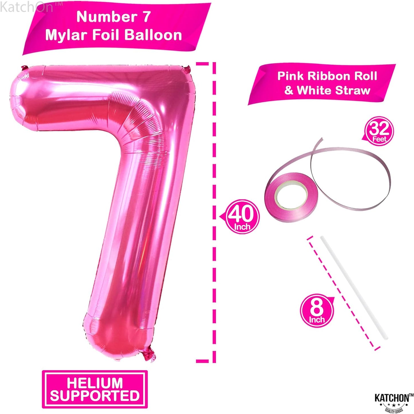 KatchOn, Hot Pink Number 7 Balloon - 40 Inch | Hot Pink 7 Balloon Number for Birthday | 7th Birthday Decorations for Girls | Pink 7 Balloon | 7 Balloons for Birthday Girl | Hot Pink Party Decorations