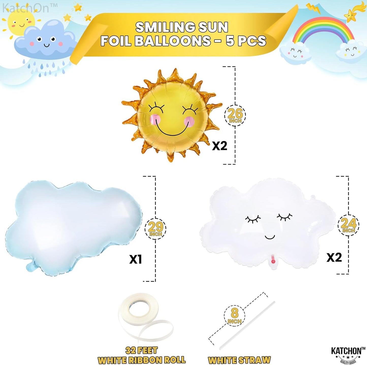 KatchOn, Big Sun and Cloud Balloons Set - 29 Inch, Pack of 5 | Foil Sun Balloon, Sunshine Party Decorations | Sunshine Baby Shower Decorations | Boho Sunshine Balloons for Sun Baby Shower Decorations
