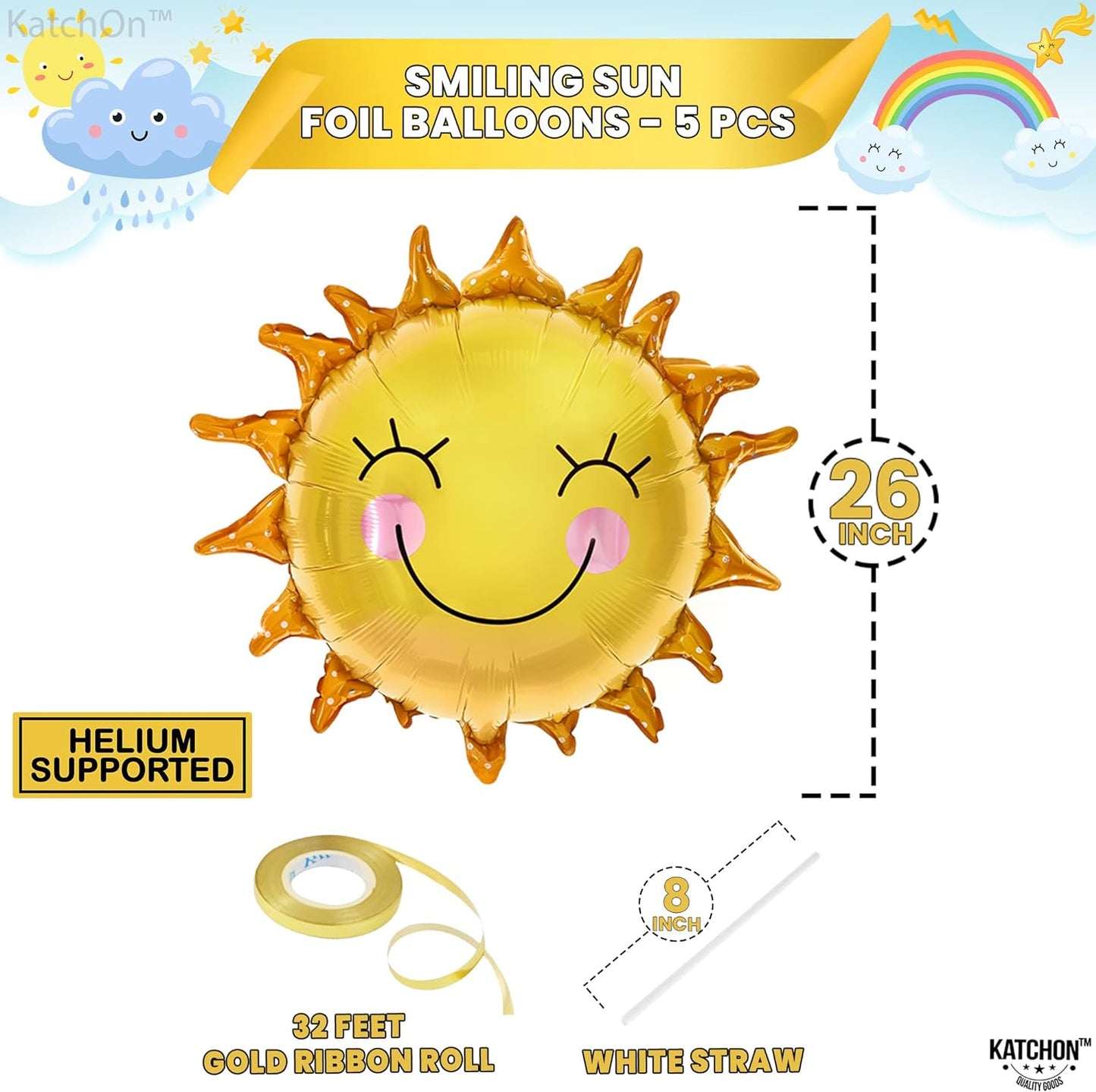 KatchOn, Smile Face Sun Balloons for Party - 26 Inch, Pack of 5 | Mylar Sunshine Balloons, Summer Balloons for Sunshine First Birthday Decorations | First Trip Around The Sun Birthday Decorations