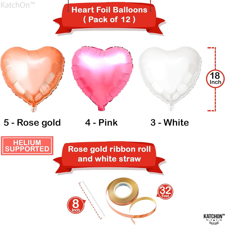 KatchOn, Rose Gold and Pink Heart Balloons - 18 Inch, Pack of 12 | Heart Shaped Balloons, Galentines Day Decorations for Party | Valentines Balloons, Heart Foil Balloon for Valentines Day Decorations