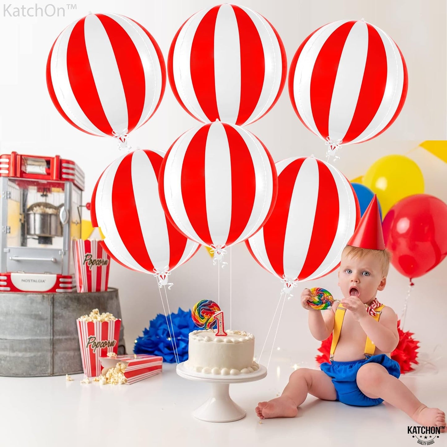 KatchOn, Carnival Balloons for Carnival Decorations - 22 Inch, Pack of 6 | Red and White Striped Balloons, 4D Striped Circus Balloons | Carnival Theme Party Decorations, Circus Theme Party Decorations