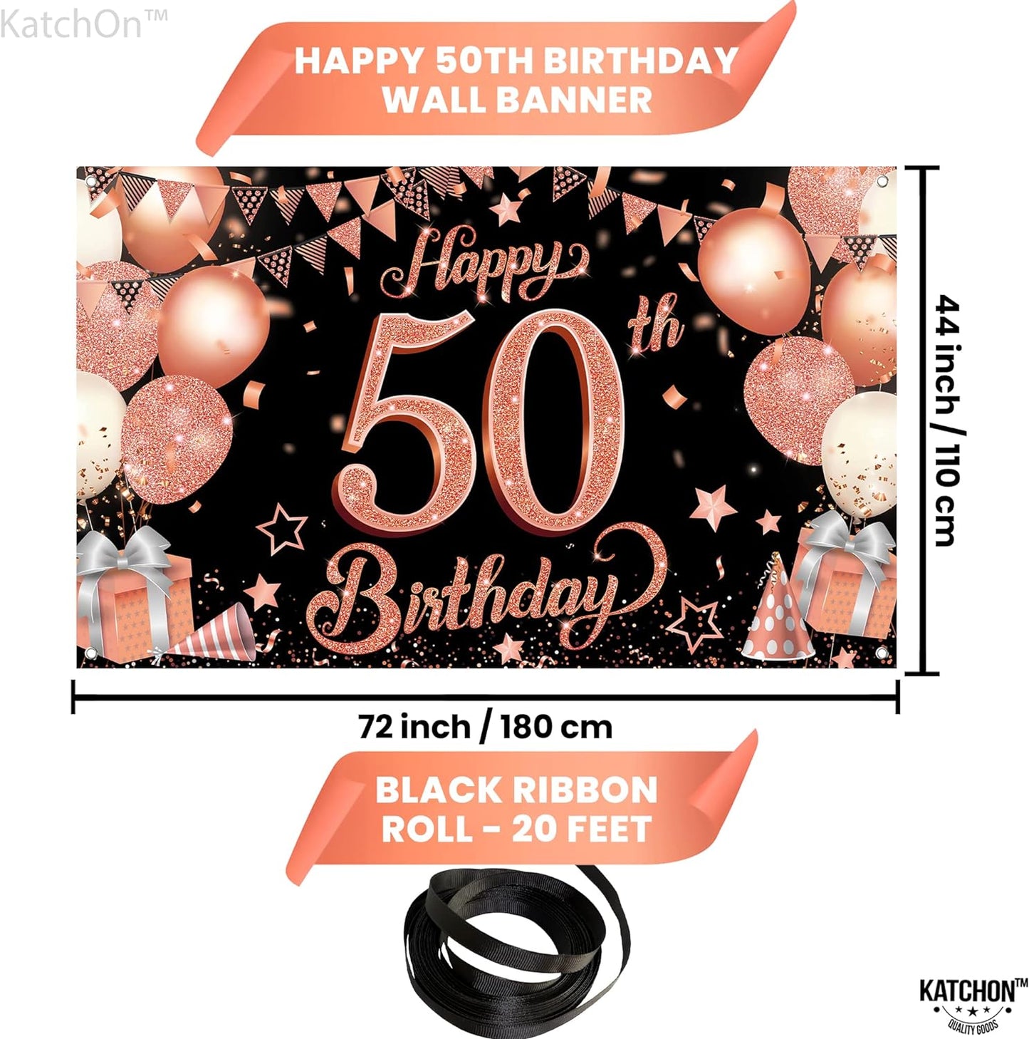 KatchOn, Rose Gold 50th Birthday Banner - XtraLarge, 72x44 Inch | Happy 50th Birthday Backdrop for Women | Rose Gold Happy 50th Birthday Banner for Women | 50 Year Old Birthday Decorations for Women