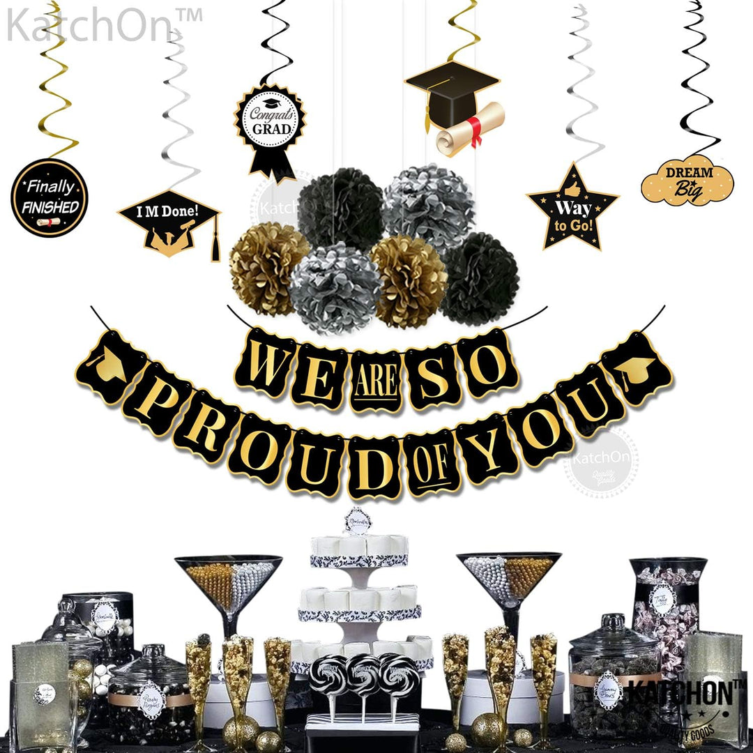 KatchOn, Black and Gold Graduation Party Decorations 2024 - No DIY | We Are So Proud of You Banner | Grad Hanging Swirls with Pomp Poms for 2024 Graduation Decor | Graduation Decorations Class Of 2024