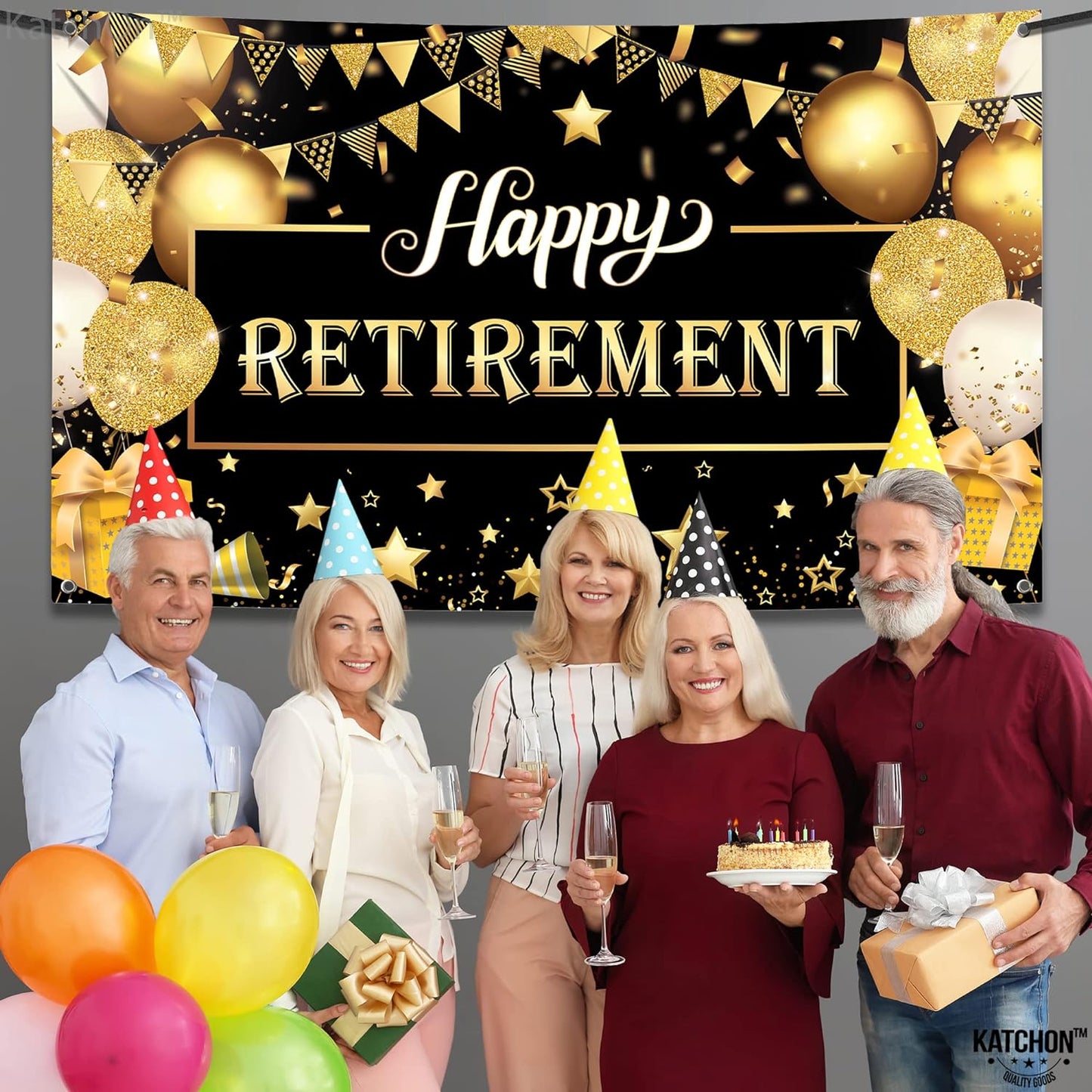 KatchOn, Happy Retirement Banner Black and Gold - XtraLarge 72x44 Inch | Happy Retirement Decorations for Men, Happy Retirement Backdrop | Retirement Party Decorations Men, Retirement Banner for Women