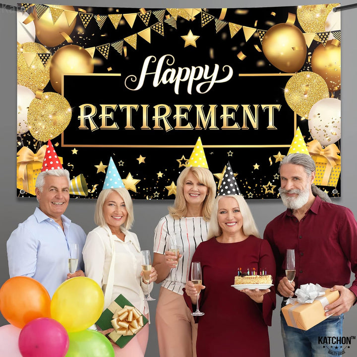 KatchOn, Happy Retirement Banner Black and Gold - XtraLarge 72x44 Inch | Happy Retirement Decorations for Men, Happy Retirement Backdrop | Retirement Party Decorations Men, Retirement Banner for Women