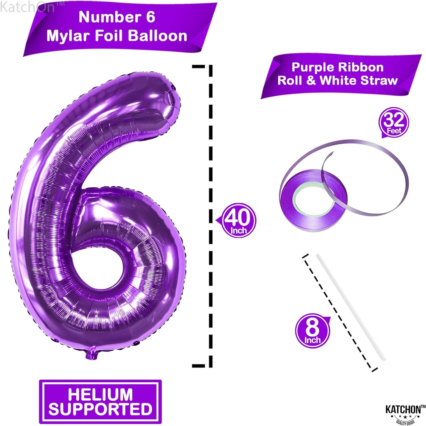 KatchOn, Giant Purple 6 Balloon Number - 40 Inch | Purple 6 Balloons for Birthday Girl | Purple Number 6 Balloon, Mermaid Birthday Decorations | Six Balloon for Unicorn Birthday Decorations for Girls