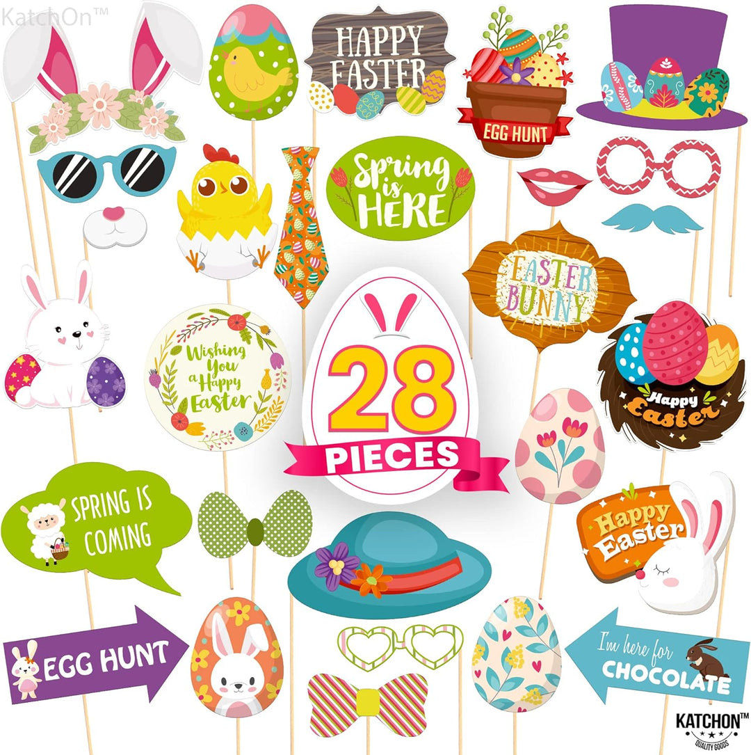 KatchOn, Happy Easter Photo Booth Props - Pack of 28 | Easter Photo Props for Photoshoot | Easter Decorations for Home, Easter Props for Photography | Easter Selfie Props, Easter Party Decorations