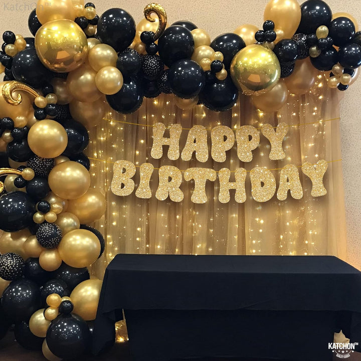 KatchOn, Glitter Gold Happy Birthday Banner Prestrung - 10 Feet | Gold Happy Birthday Sign | Gold Birthday Banner for Happy Birthday Decorations | Happy Birthday Gold Banner for Gold Birthday Decor