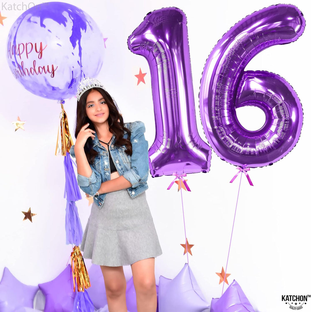 KatchOn, Purple 16 Balloons Number - Giant, 40 Inch | Mylar 16 Balloon Numbers Purple for Sweet 16 Party Decorations Purple | Sweet 16th Birthday Decorations for Girls | Purple Sweet 16 Decorations