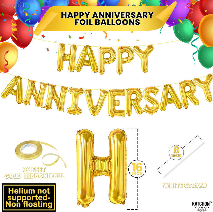 KatchOn, Gold Happy Anniversary Balloons Letters - Huge, 16 Inch | Gold Happy Anniversary Banner for Happy Anniversary Decorations | Gold Happy Anniversary Sign for Anniversary Party Decorations