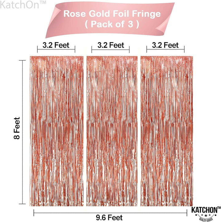 KatchOn, Rose Gold Fringe Curtain - XtraLarge 8x3.2 Feet, Pack of 3 | Rose Gold Backdrop for Birthday Party | Rose Gold Party Decorations | Rose Gold Tinsel Backdrop for Bachelorette Party Decorations