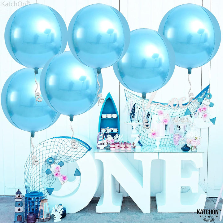 KatchOn, Light Blue Foil Balloons - 22 Inch, Pack of 6 | Sphere Light Blue Metallic Balloons, Baby Shower | Baby Blue Balloons for Gender Reveal, Birthday | Light Blue Mylar Balloons, Shark Balloons