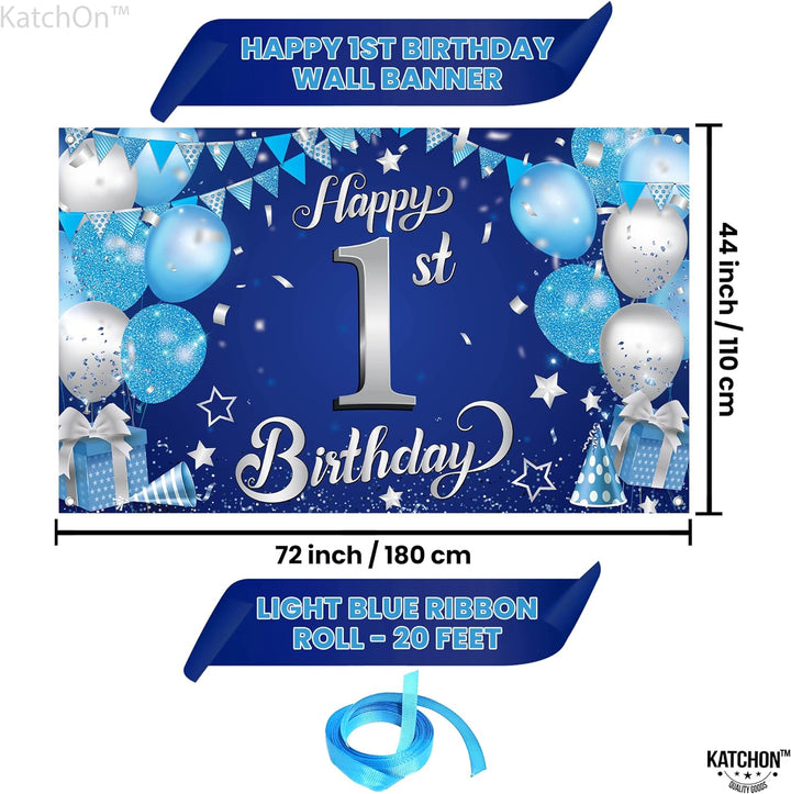 KatchOn, Happy 1st Birthday Banner - 72x44 Inch, Xtralarge | Blue and Silver First Birthday Backdrop for first Birthday Decorations for Boys | Happy Birthday Banner, 1st Birthday Decorations