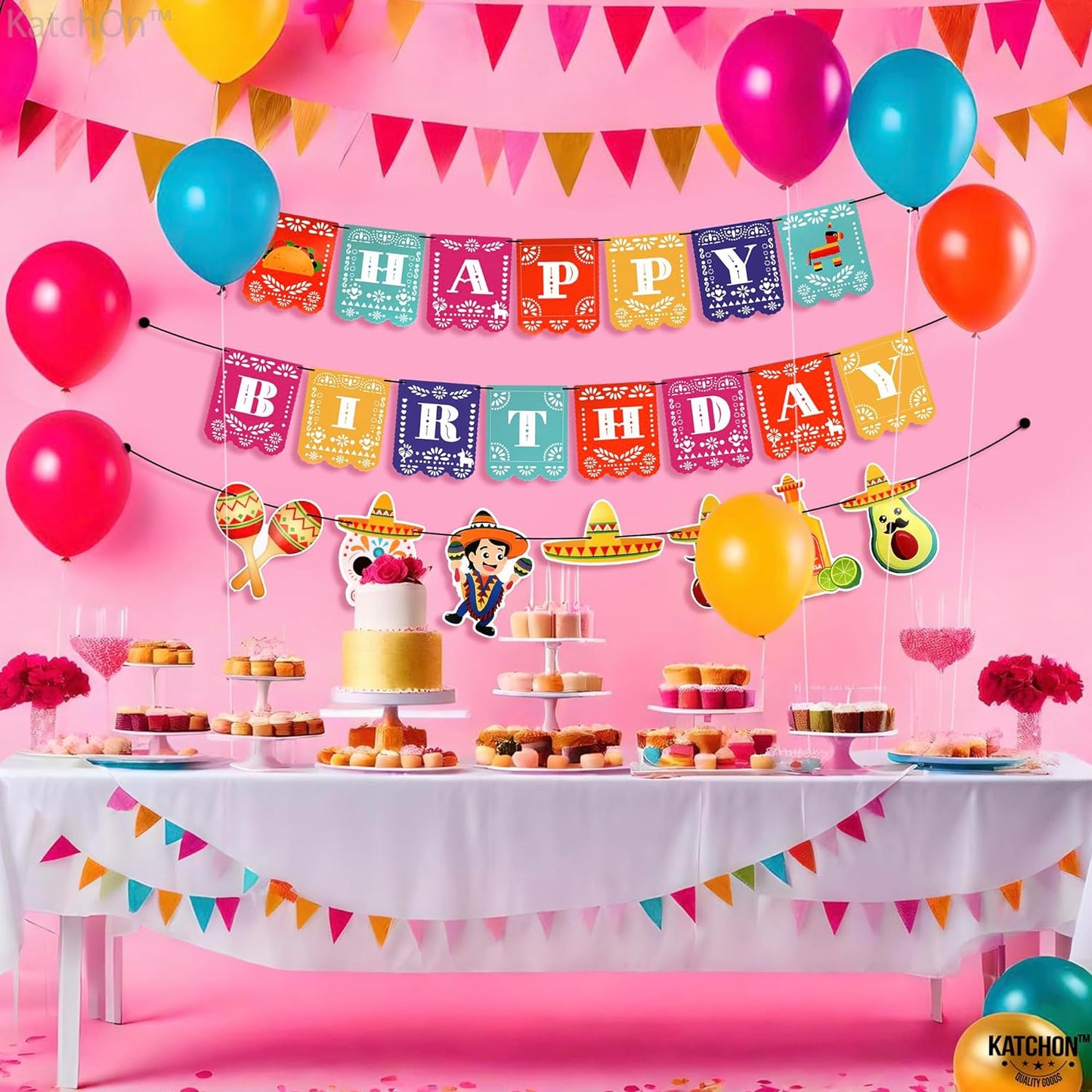 KatchOn, Fiesta Happy Birthday Banner - 15 feet, 3 String | Cinco De Mayo Theme, Mexican Fiesta Pinata Sombrero Garland for Mexican Birthday Party Decorations | Mexican Banner Fiesta Party Decorations