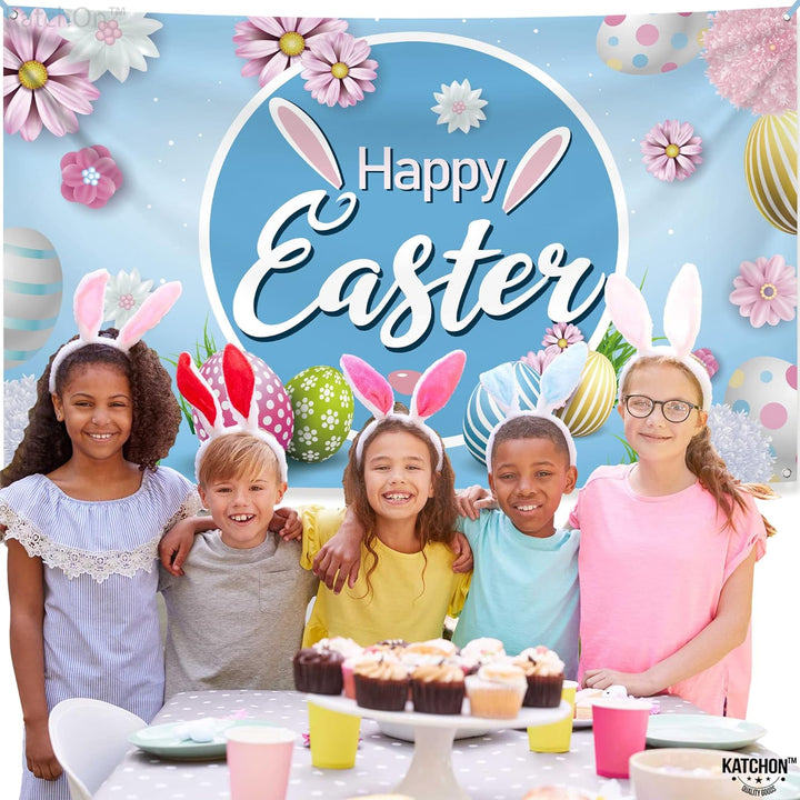 KatchOn, XtraLarge Happy Easter Backdrop - Large, 72x44 Inch | Happy Easter Banner for Easter Decorations | Easter Backdrops for Photography, Easter Party Decorations | Easter Egg Hunt Decorations