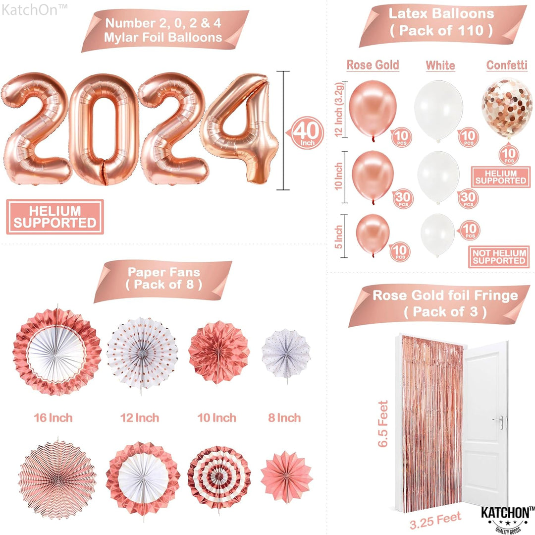 KatchOn, Graduation Decorations Class of 2024 - Pack of 150 | Rose Gold 2024 Balloons, Rose Gold Fringe Backdrop, Fans for Graduation Party Decorations 2024 | Rose Gold Graduation Decorations 2024