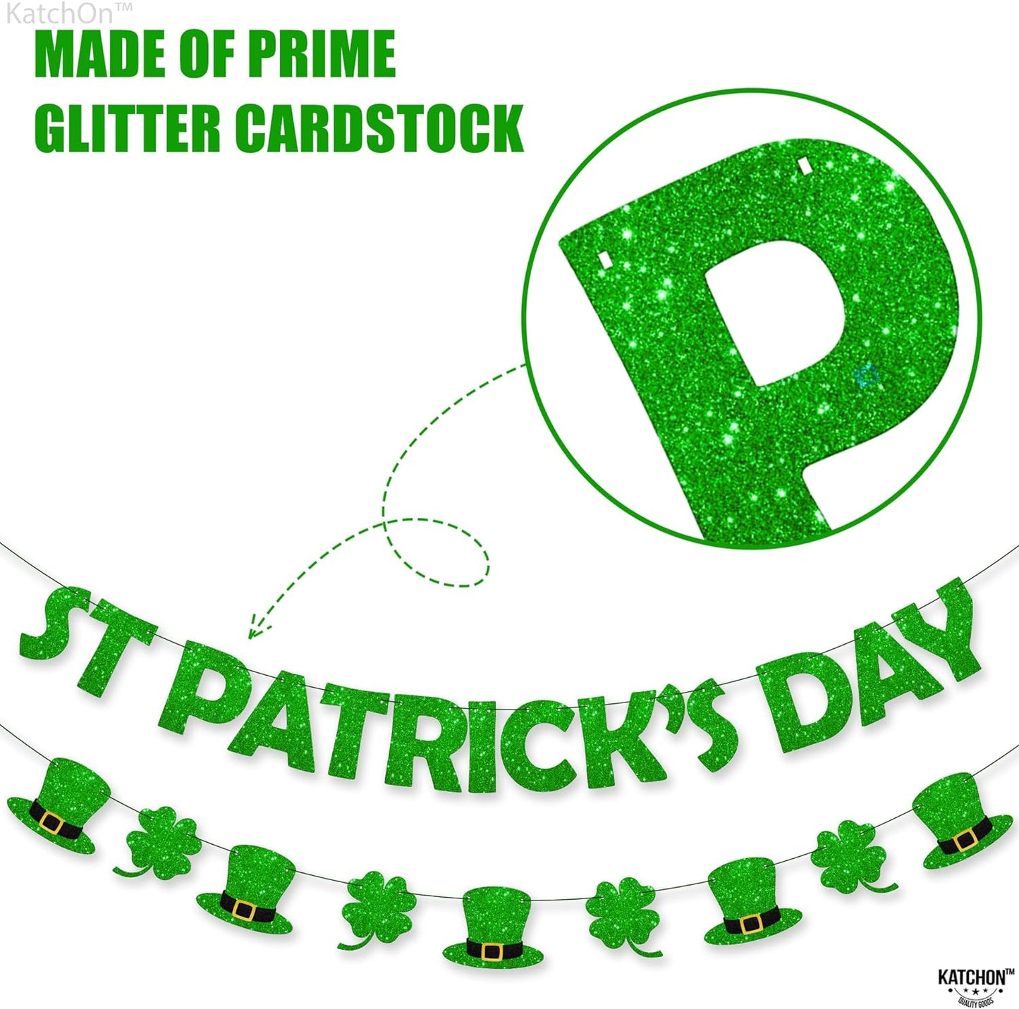 KatchOn, Pre-Strung Glitter St Patricks Day Banner - 10 Feet, 2 Strings | St Paddys Day Decorations | St Patricks Day Garland for St Patricks Day Decorations | Shamrock Garland, Shamrock Decorations
