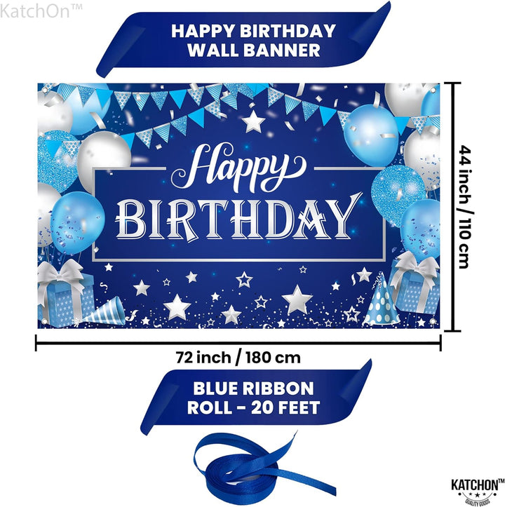 KatchOn, Large, Happy Birthday Banner Blue and Silver - 72x44 Inch | Happy Birthday Wall Banner for Men | Happy Birthday Backdrop for Boys | Happy Birthday Blue Banner, Blue Happy Birthday Decorations