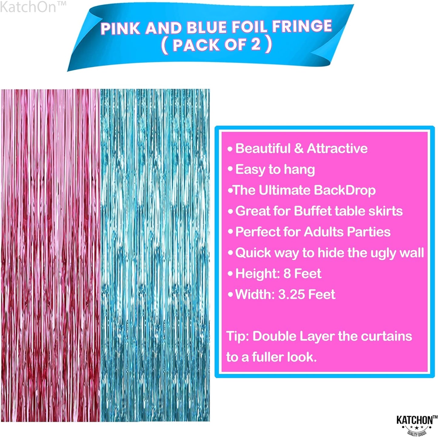 KatchOn, Large Pink and Blue Foil Fringe - 6.4x8 Feet, Pack of 2 | Girl or Boy Gender Reveal Decorations | Pink and Blue Fringe, Boy or Girl Backdrop | Gender Reveal Backdrop for Gender Reveal Décor