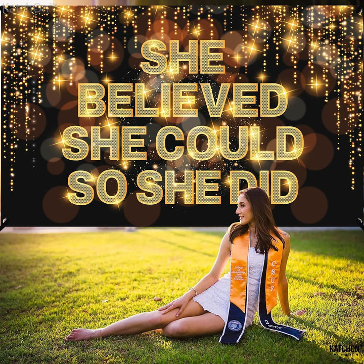 KatchOn, She Believed She Could So She Did Banner - Large, 72x44 Inch | Congratulations Backdrop, Congratulations Decorations | 2024 Graduation Party Decorations | Graduation Decorations Class of 2024