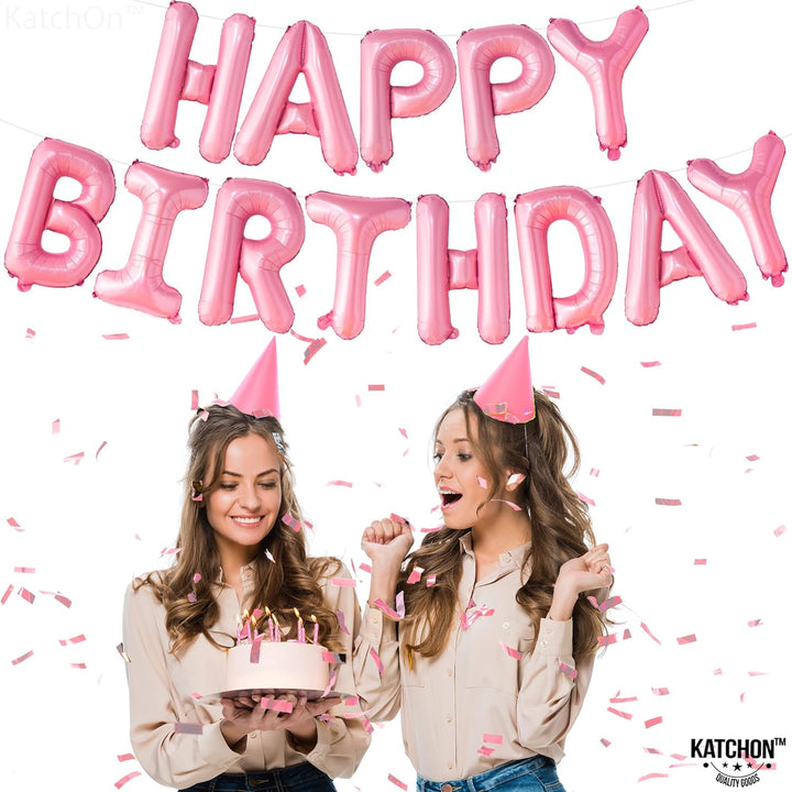 KatchOn, Pink Happy Birthday Banner - 16 Inch | Pink Happy Birthday Balloon Banner for Hot Pink Birthday Decorations | Happy Birthday Sign Balloons for Pink Party Decorations | Pink Party Supplies