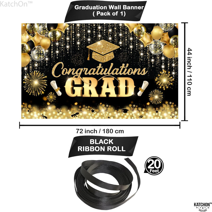 KatchOn, Congratulations Grad Banner - Large, 72x44 Inch | Glitter Black and Gold Graduation Backdrop, Graduation Decorations Class of 2024 | Congratulations Banner, 2024 Graduation Party Decorations