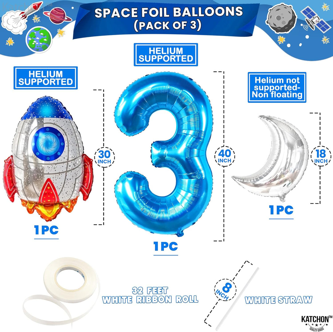 KatchOn, Big Outer Space 3rd Birthday Balloons - Pack of 8 | 3 Year Old Boy Birthday Decorations | 3 Year Balloon | Third Birthday Decorations Boy | Space Themed 3rd Birthday | Space Party Decorations
