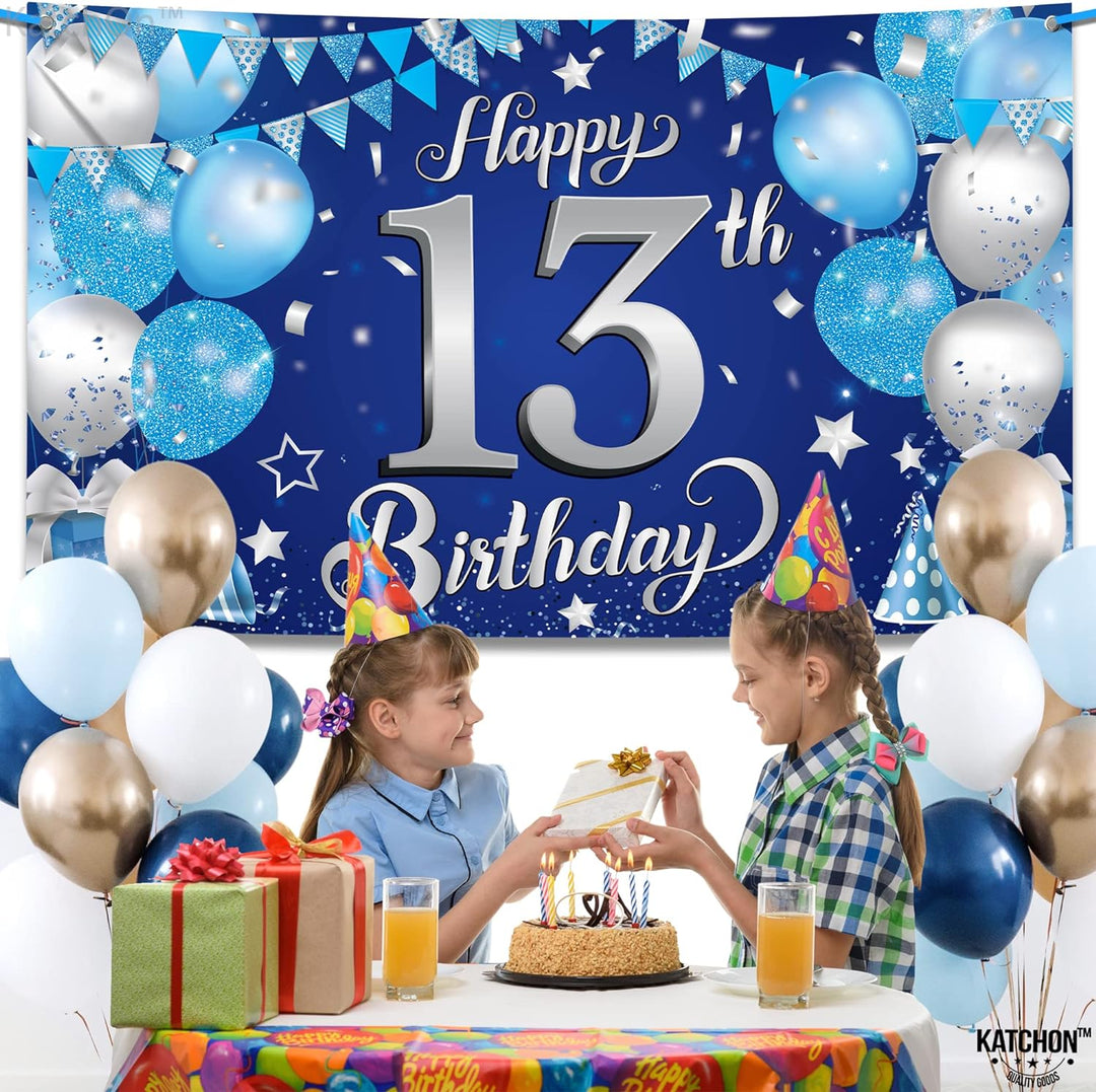 KatchOn, XtraLarge Blue Happy 13th Birthday Banner - 72x44 Inch | 13th Birthday Decorations for Boys and Girls | Blue and Silver 13 Birthday Backdrop | Happy 13th Birthday Decorations for Teenagers