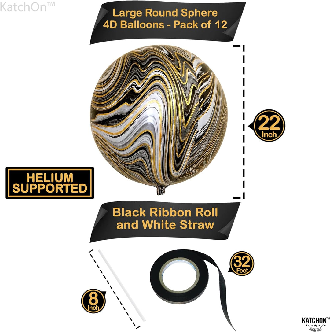 KatchOn, Big Black and Gold Marble Balloons - 22 Inch, Pack of 12, Agate Balloons | 4D Marble Black and Gold Balloons | Marble Foil Balloons, Black and Gold Party Decorations | Black Marble Balloons