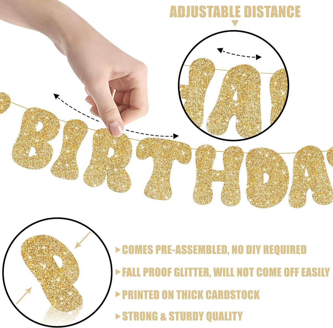 KatchOn, Glitter Gold Happy Birthday Banner Prestrung - 10 Feet | Gold Happy Birthday Sign | Gold Birthday Banner for Happy Birthday Decorations | Happy Birthday Gold Banner for Gold Birthday Decor