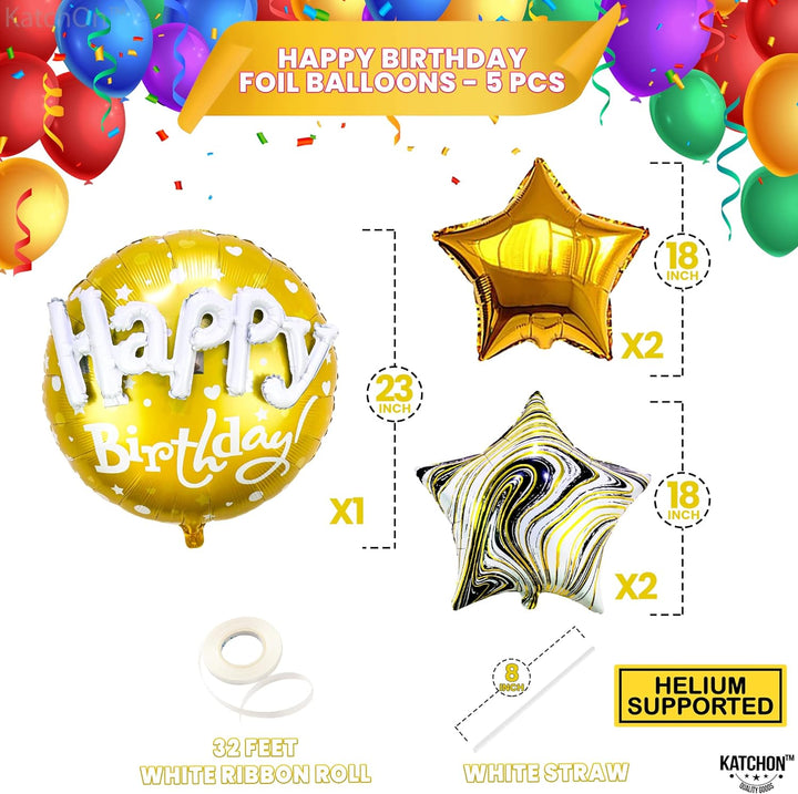 KatchOn, Gold Happy Birthday Balloon Set - 23 Inch, Big, Pack of 5 | Happy Birthday Mylar Balloons, Golden Birthday Balloons | Gold Star Balloons, Gold Foil Balloons | Black And Gold Party Decorations