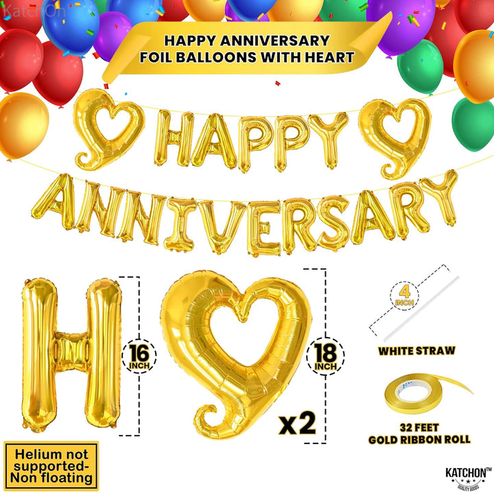 KatchOn, Gold Happy Anniversary Balloons Letters - 18 Inch, Gold Hook Heart Balloons Foil | Gold Happy Anniversary Banner for Happy Anniversary Decorations | Gold Happy Anniversary Balloon Banner