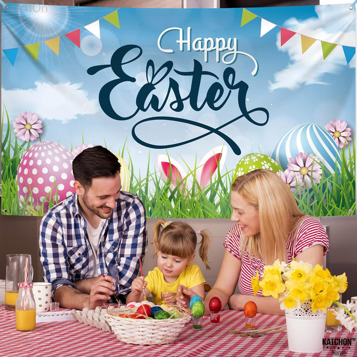 KatchOn, Large Happy Easter Backdrop - 72x44 Inch | Happy Easter Banner Decorations | Easter Decorations Backdrop | Easter Backdrops for Photography | Easter Party Decorations, Easter Wall Decorations