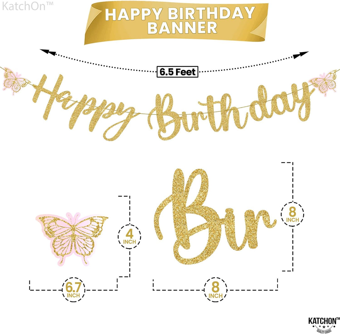 KatchOn, Glitter Gold Happy Birthday Banner - Pre-Strung, No DIY | Butterfly Birthday Banner | Gold Happy Birthday Sign for Girls, Gold Happy Birthday Decorations for Women, Birthday Party Decorations