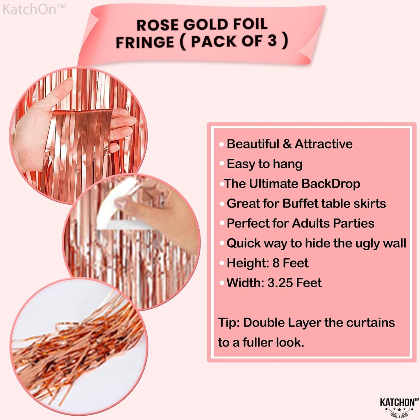KatchOn, Rose Gold Fringe Curtain - XtraLarge 8x3.2 Feet, Pack of 3 | Rose Gold Backdrop for Birthday Party | Rose Gold Party Decorations | Rose Gold Tinsel Backdrop for Bachelorette Party Decorations