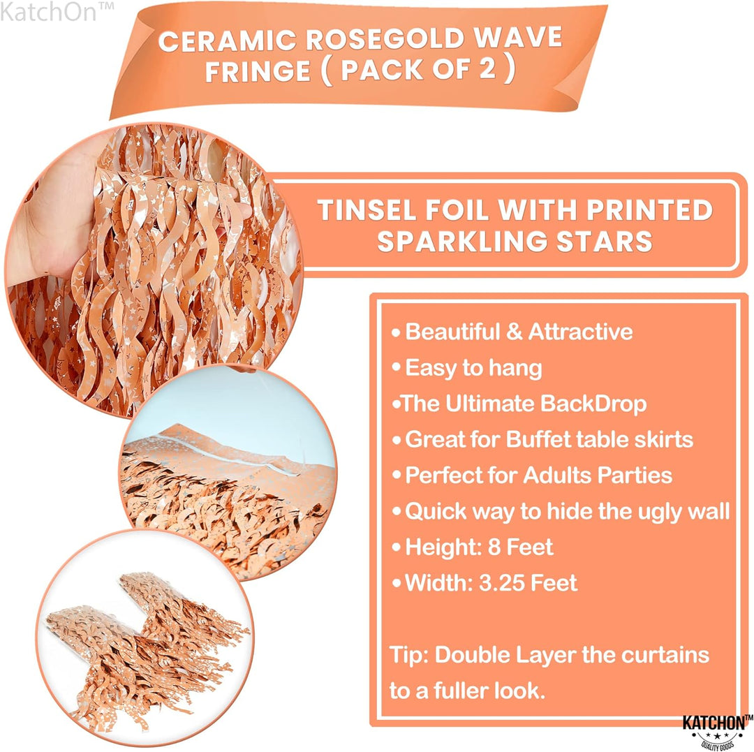 KatchOn, XtraLarge Wave Rose Gold Fringe Curtain - 6.4x8 Feet, Pack of 2 | Rose Gold Backdrop for Bachelorette Party Decorations | Rose Gold Streamers, Rose Gold Decorations | Rose Gold Party Supplies