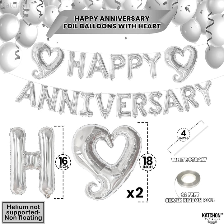 KatchOn, Silver Happy Anniversary Balloons Letters - Huge, 18 Inch | Silver Happy Anniversary Balloon Banner | Silver Heart Balloons, Silver Happy Anniversary Banner for Happy Anniversary Decorations