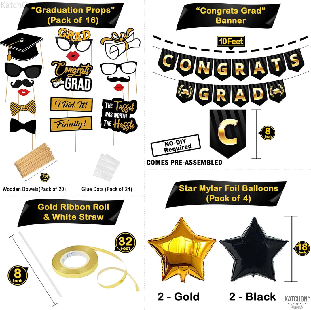 KatchOn, Black and Gold Graduation Decorations Class of 2024 - Huge, Pack of 65 | Congrats Grad Banner, Gold Foil Fringe Curtain | Gold 2024 Graduation Balloons for Graduation Party Decorations 2024
