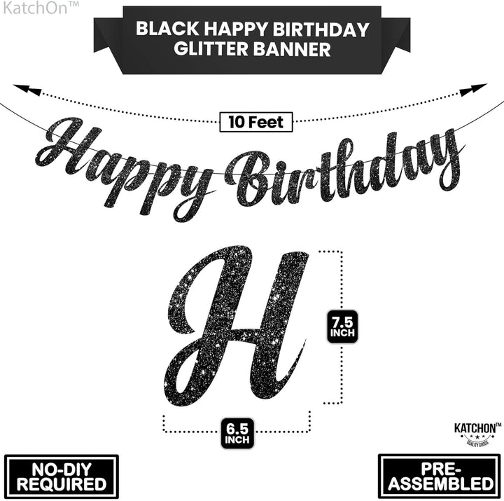 Katchon, Glitter Black Happy Birthday Banner - 10 Feet, Pre-Strung, No DIY | Birthday Banners for Adults, Black Happy Birthday Sign for Girls | Happy Birthday Sign for Happy Birthday Decorations