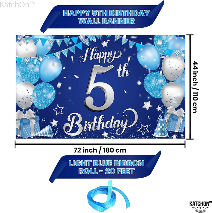 KatchOn, Happy 5th Birthday Banner - XtraLarge, 72x44 Inch | Blue 5th Birthday Party Decorations | 5th Birthday Decorations | Blue and Silver Toddler Birthday Decorations for 5 Birthday Decorations