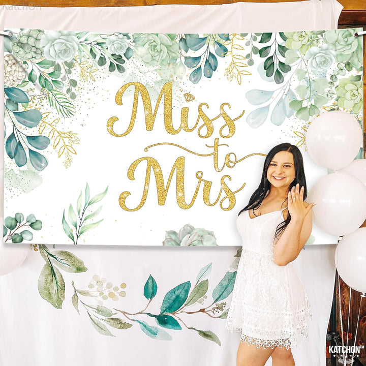 KatchOn, Green Miss To Mrs Banner - XtraLarge 72x44 Inch | Miss To Mrs Backdrop for Bachelorette Party Decorations | Tropical Bridal Shower Decorations | Floral Leaf Bridal Shower Photo Booth Backdrop