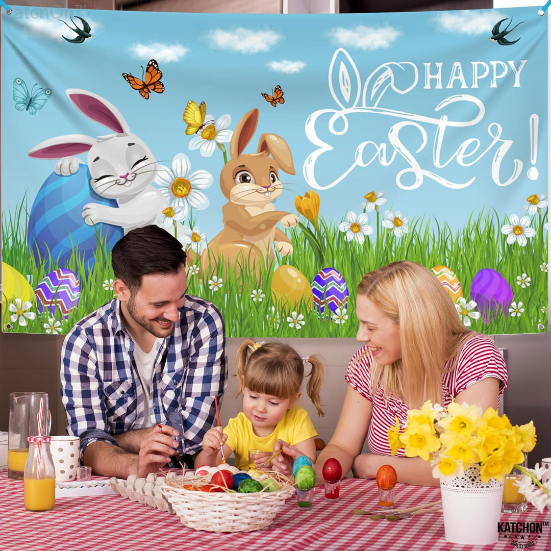 KatchOn, Happy Easter Banner Decorations - XtraLarge 72x44 Inch | Easter Backdrops for Photography | Easter Banners for Outside, Easter Party Decorations | Easter Backdrop for Easter Wall Decorations