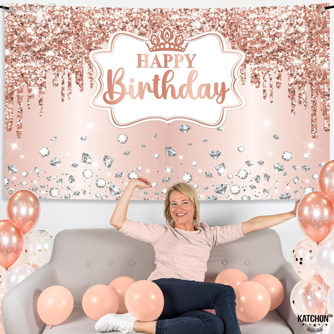 KatchOn, XtraLarge Rose Gold Happy Birthday Banner - 72x44 Inch | Pink Happy Birthday Decorations for Women | Rose Gold Happy Birthday Backdrop for Girls | Princess Theme Pink Birthday Decorations